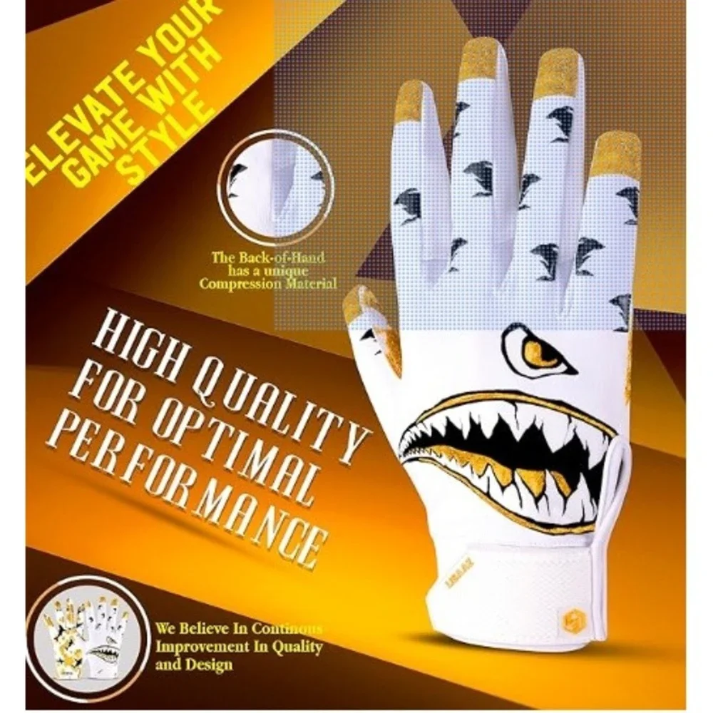 Lisaaz Legends M/L Shark Mouth Football Receiver Gloves Gold White Sticky Grip